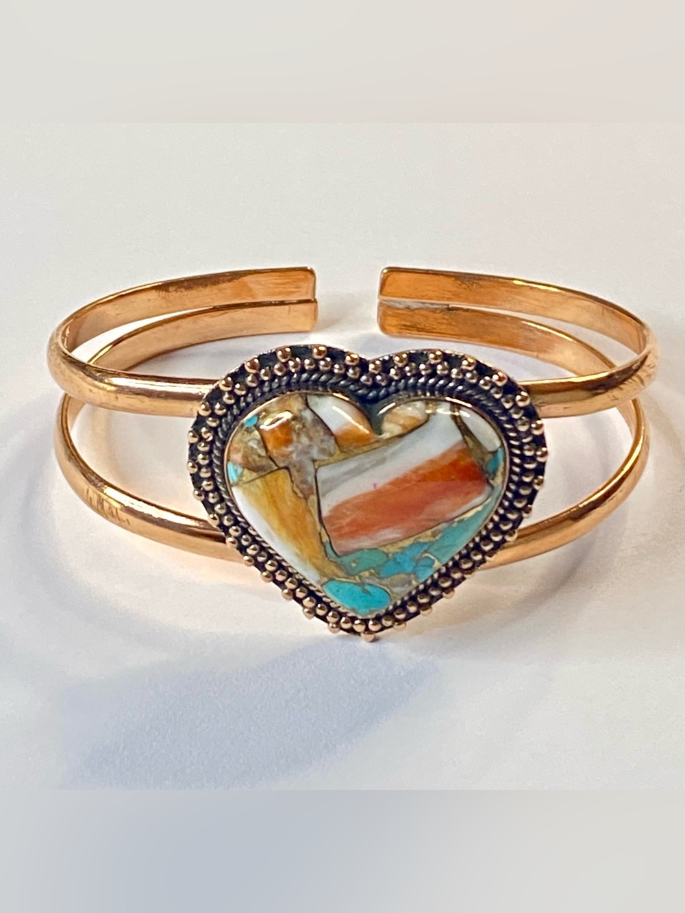 SPINY OYSTER & TURQUOISE Heart Cuff Bracelet Adjustable Copper